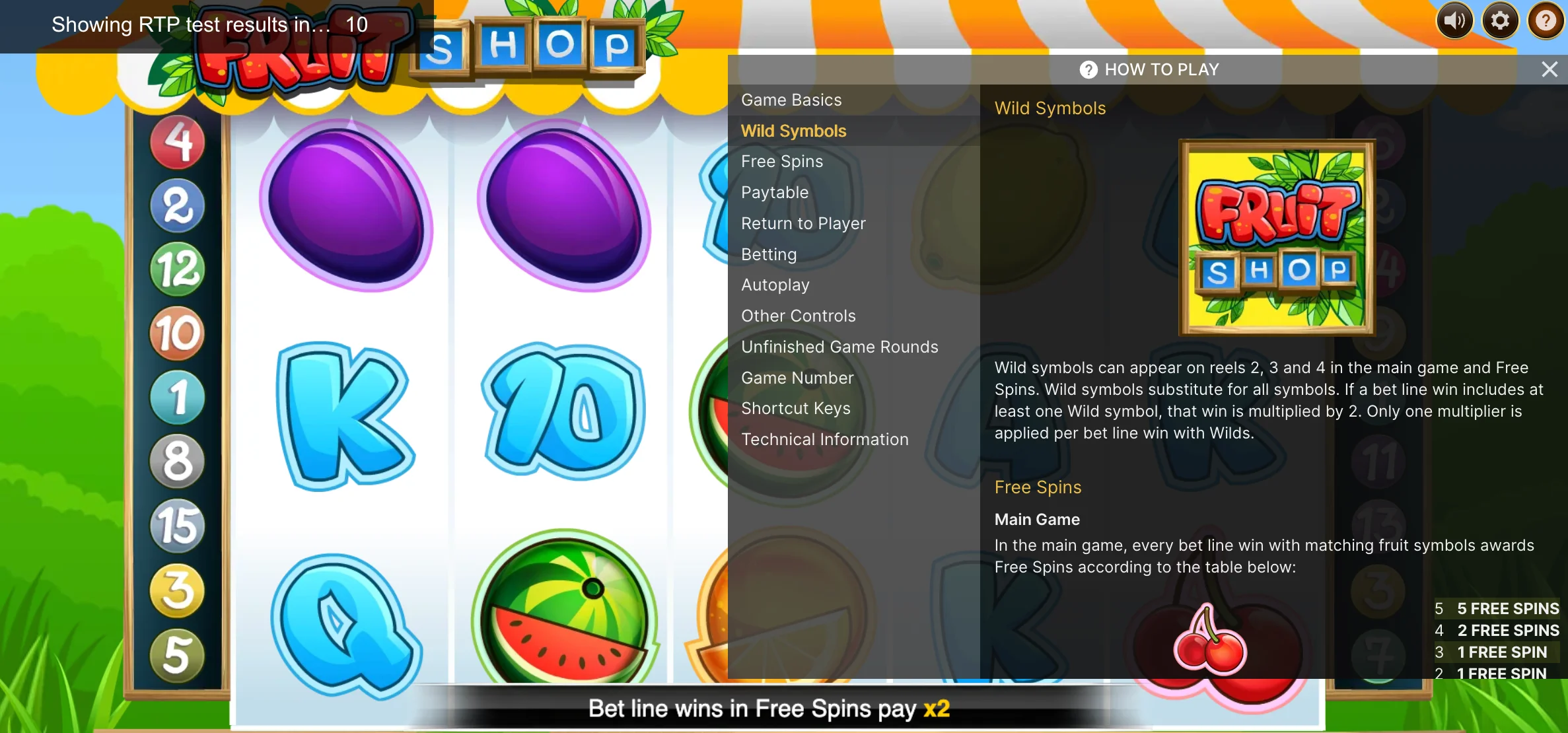 Wild Symbols help panel — learn how Wilds substitute and trigger multiplied wins in Fruit Shop